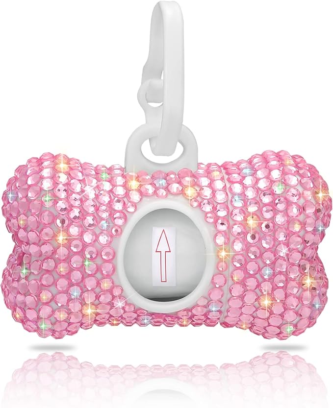 SAVORI Dog Poop Bag Holder Bling Crystal Dog Waste Bags Dispenser for Pet Dog Doggy with Carabiner Clip Includes 1 Roll 15 Bags (Pink)