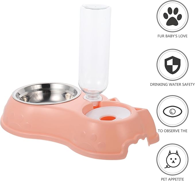 Automatic Pet Food and Water Dispenser Double Bowl Detachable Feeder Pink for Cats and Dogs, Pet Feeding Tool with Water Bottle, Suitable for Home Use