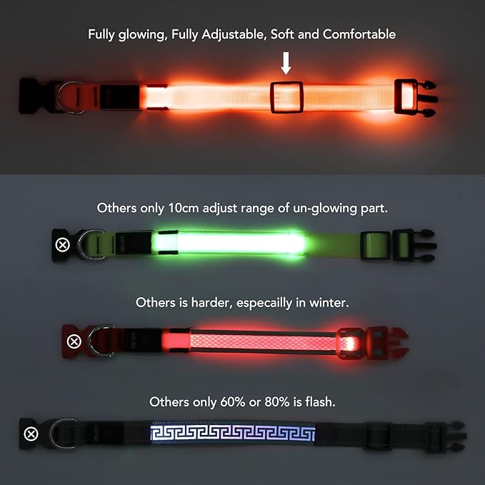 Light Up Collar at Night, LED Adjustable, Rechargeable Waterproof Dog Lights for Night Walking, Glow in The Dark for Medium Large Dogs