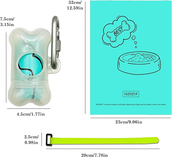 Dog Poop Pickup Bags Holder Dispenser with Scented Doggy Waste Bags and Carabiner with Safety Lock Plus Hook and Loop Fastener Never Loose on Leash Lead Again (1 Holder 15 Bags, Clear)