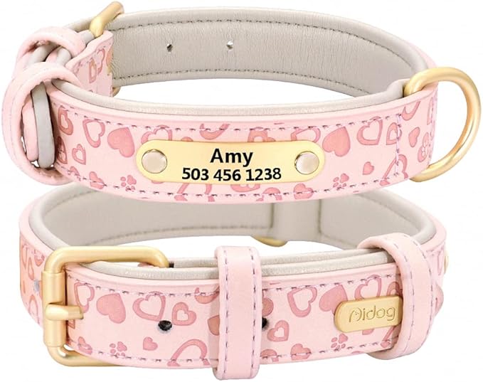 Personalized Dog Collar Soft Leather Custom Puppy Collar Printed Pitbull Collars Pets Products for Small Medium Large Dog Pink XL