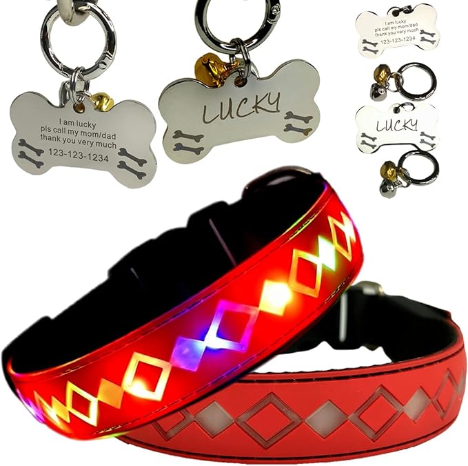 LED Dog Collar with ID Tag, 15 Light Modes, Waterproof Silicone, Night Safety (RED Pro, XL(19.7-23.6"))