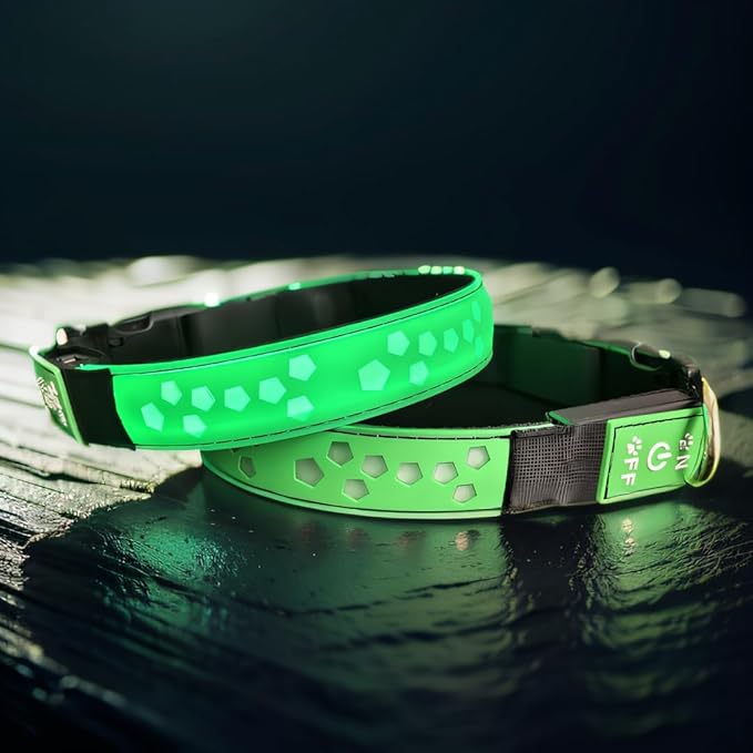 customerlized Personalized Dog Collar USB Rechargeable, Waterproof airtag Holder LED Light Up Dog Collar Adjustable Soft Silicone Collar for Medium Large Dogs (Green, S(7.87-11.8"))