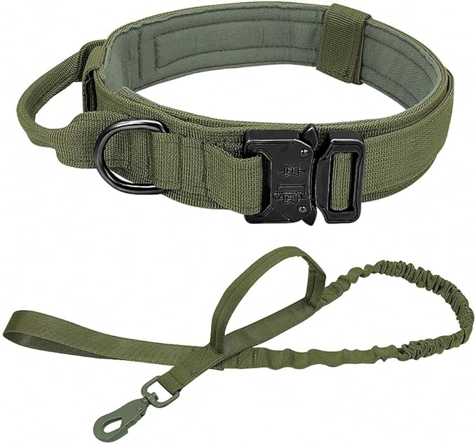 Military Tactical Dog Collar Leash German Shepard Medium Large Dog Collars Lead for Walking Training Dog Collar Control Handle Green Set XL