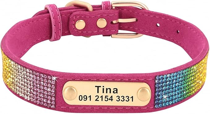 Custom Crystal Dog Collar Soft Leather Pet ID Collar Personalized Rhinestone Collars Adjustable for Small Medium Large Dogs Cat Rose Red M