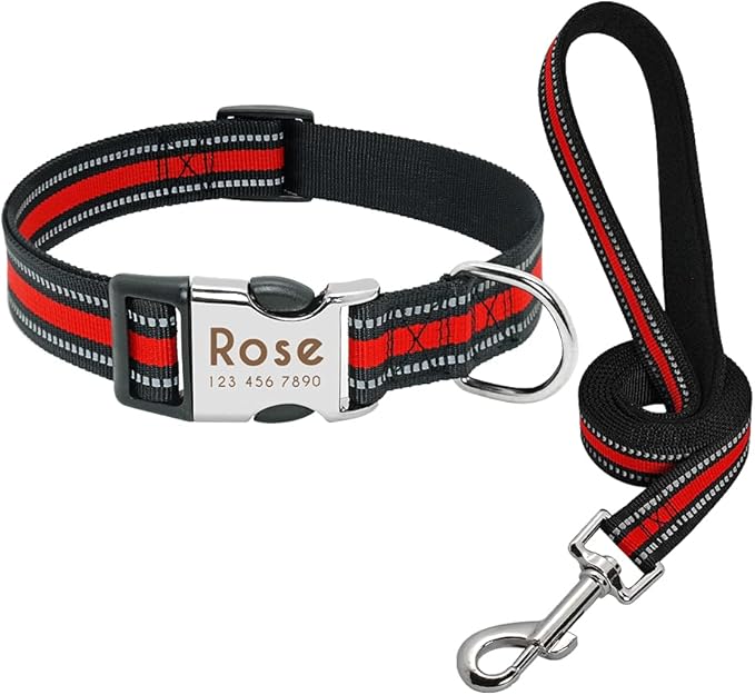 Custom Pet Dog Collar Leash Reflective Nylon Small Dog Puppy Collars Personalized Pitbull Medium Large Dog Collar Engrave Name Red Set L