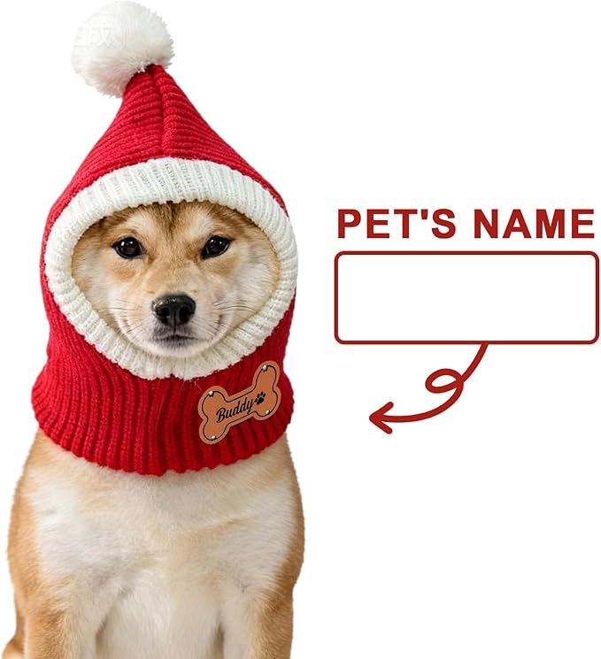 Custom Dog Beanie with Leather Patch Name, Personalized Santa Hat for Dog, 2025 Christmas Hats for Dog & Cat, Pom Pom Winter Hat for Small Medium Large Dogs Cats