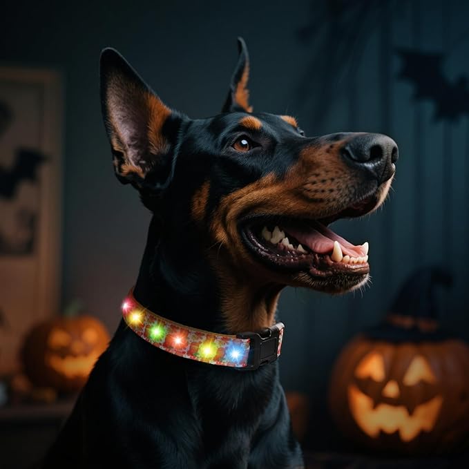 Halloween Light Up Dog Collar, LED Dog Collar Glow in The Dark - USBC Rechargeable, 3 Flashing Modes, Fashionable Cute Glowing Dog Light Up Collars for Medium Large Dogs, M