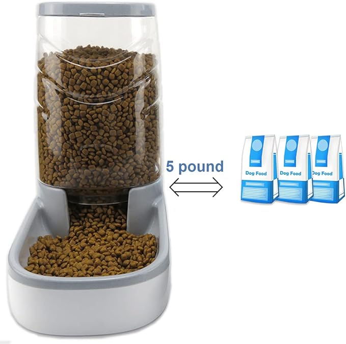 Automatic Cat Feeder Gravity Dog Feeder 1 Gallon Pet Feeder, Self-Dispensing Pet Feeder Bowl for Small and Medium Sized Pets Large Capacity (Grey)