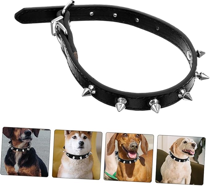 Rivet Dog Collar Adjustable Medium Size 2.0cm Wide Black Sturdy Leather Pet Collar for Walking and Training