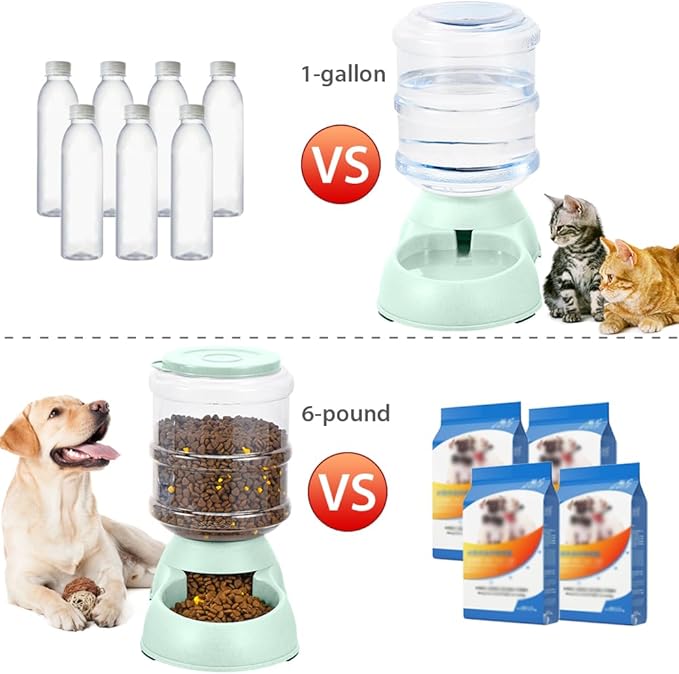 2 Pack Automatic Cat Feeder and Water Dispenser in Set Gravity Food Feeder and Waterer Pet Food Bowl for Small Medium Dog Pets Puppy Kitten Big Capacity 1 Gallon x 2 (2 Pack Green)