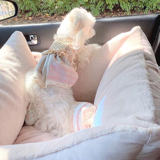 Dog Car Seat for Small Medium Large Dogs, Eco-Friendly Microfiber Velboa, Dog Booster for Under 45Lbs, Detachable and Washable Travel Seat with Thick Cushion (Pink Beige, L)