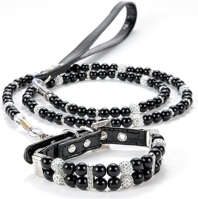 Black Beaded Dog Collars, Pearl Cat Collar Leash Set Pu Leather Puppy Necklace with Crystal Rhinestone Diamond for Girl Kitten XXSmall Small Medium Female Dogs Jewelry Wedding & Birthday Party, M