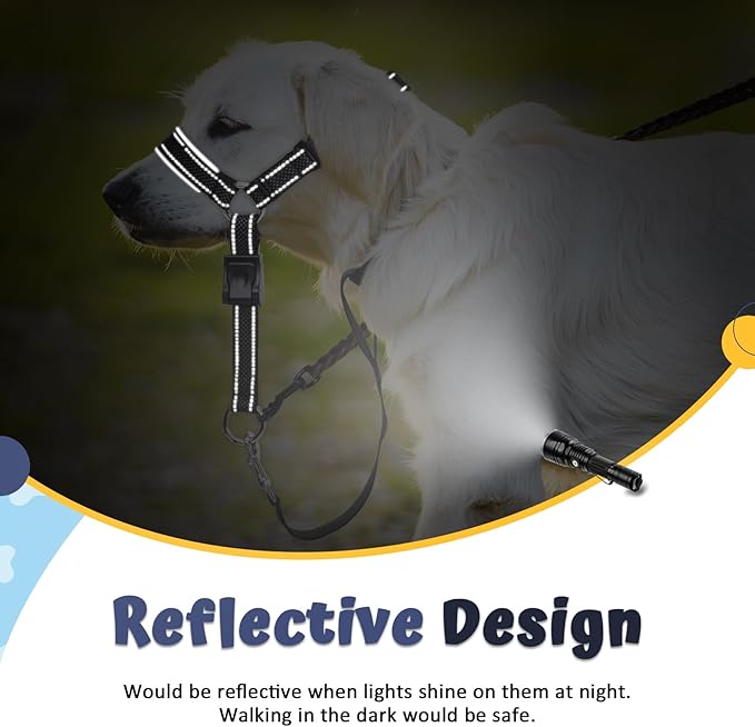 BARKLESS Dog Head Collar, Soft No Pull Head Halter, Reflective Muzzle Leash with Safety Link, Adjustable Headcollar, Padded Nose Leash for Large Medium Dogs Training Walking (Black, L)