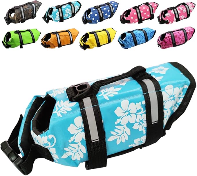 Dog Life Jacket Easy-Fit Adjustable Belt Pet Saver Swimming Safety Swimsuit Preserver with Reflective Stripes for Doggie (S, Flowers and Blue)