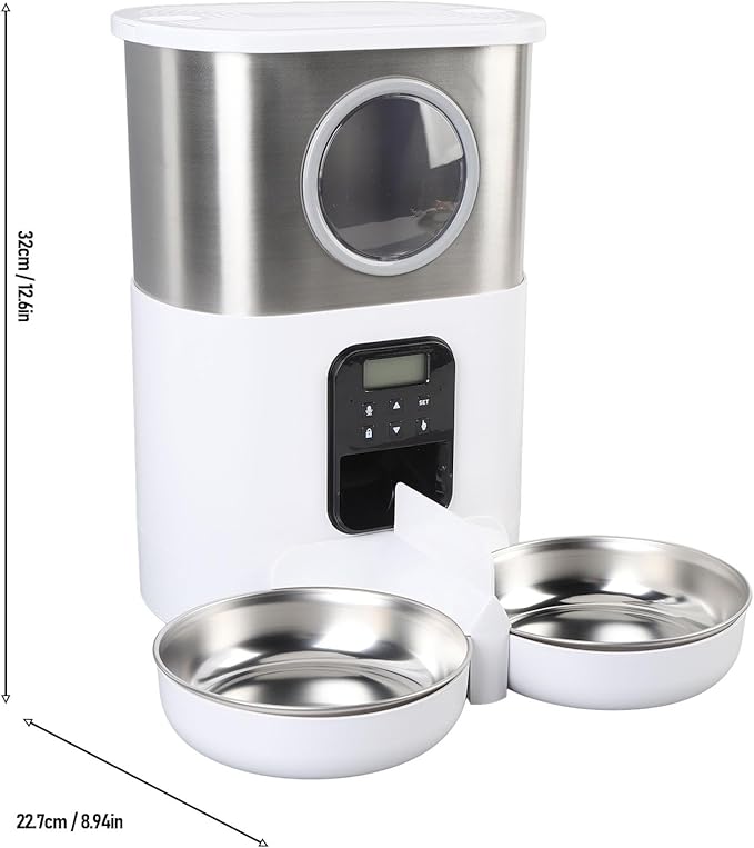 Automatic Pet Feeder, 5L Large Capacity Automatic Timed Cat Feeders with Visable Window Quantitative Feeding Stainless Steel 2 Bowls Dog Food Dispenser for Cats Dogs (White)