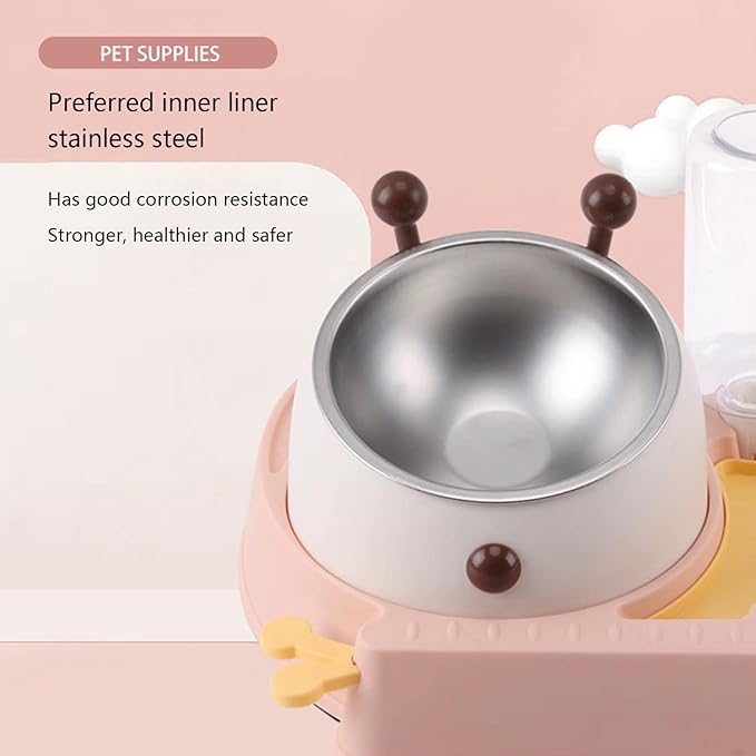 3 in 1 Pet Tableware Dog Food Bowl Automatic Water Dispenser Tilted Elevated Stainless Steel Bowl Detachable Waterer