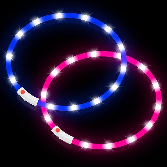 BSEEN Light Up Dog Collar - 2 Pack LED Dog Collar Rechargeable, Silicone Cuttable Glow in The Dark Dog Collar Light, Flashing Safety Dog Lights for Night Walking (Pink+Blue)