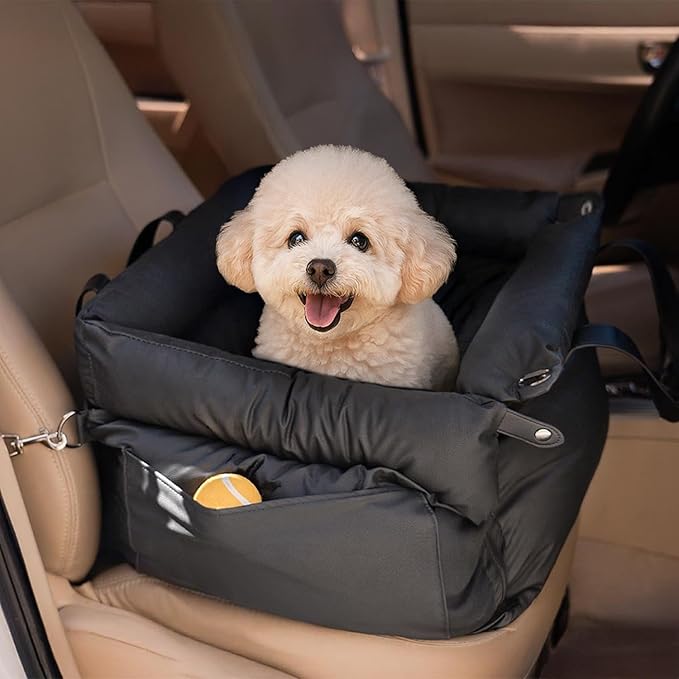 Deluxe Dog Car Seat for Small Dogs, Waterproof PU Leather Pet Booster Seat with Safety Tethers & Storage Pocket, Portable Travel Car Bed for Puppies & Small Pets up to 25lbs (Black)