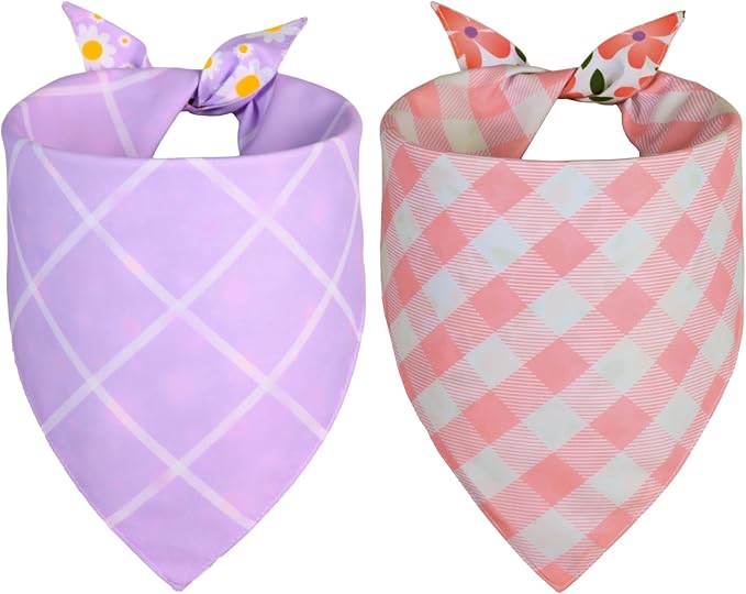 Summer Dog Bandanas Girl Small 2PCS, Purple Pink Daisy Scarf, Durable Triangle Reversible Bibs Spring Handkerchief for Puppy Pet