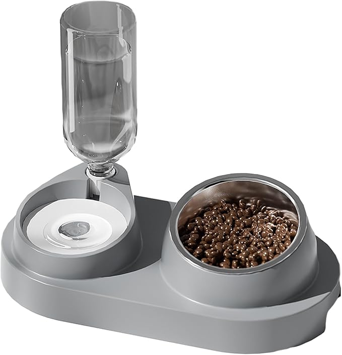 Plastic Bottle Pet Feeder Self-refilling Pet Bowl Pet Feeder 2-in-1 Automatic Water Dispenser with Removable Stainless Steel Bowls Pet Supplies Grey