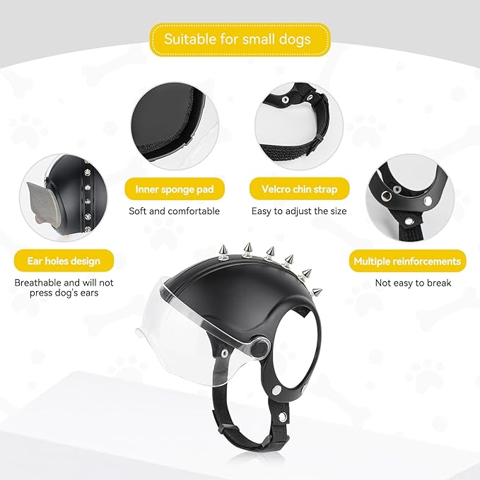 PETLESO Dog Helmet with Anti-UV Clear Goggles, Small Dog Motorcycle Helmet with Ear Holes, Drop-Down Biking Helmet, Adjustable Hat for Small Dogs Heads Protection with Rivets