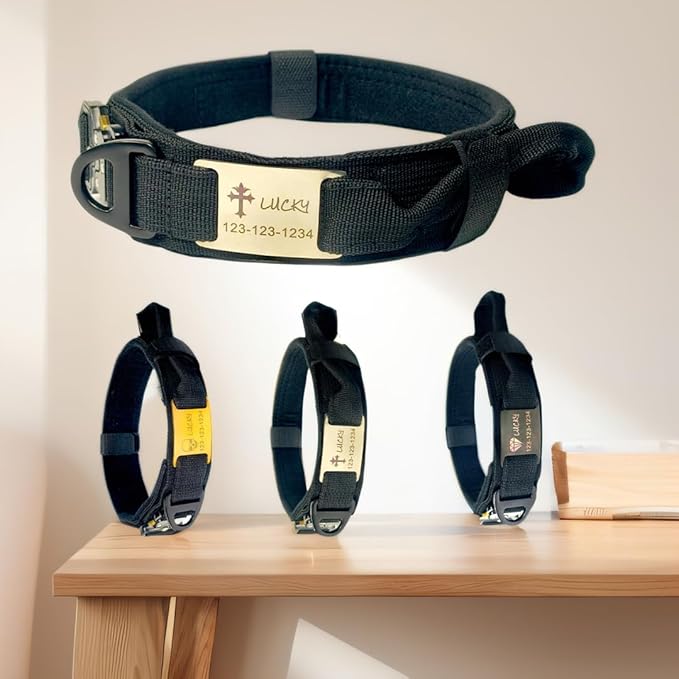 Personalized Tactical Dog Collar with Handle, Military Style, Adjustable (Black, L(16.5-20.4"))
