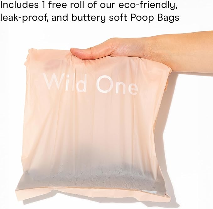 Wild One Dog Poop Bag Holder and Dispenser with Leash Attachment, Leak Proof, Easy Twist Top for Refills, Includes 1 Roll Bags, Blush