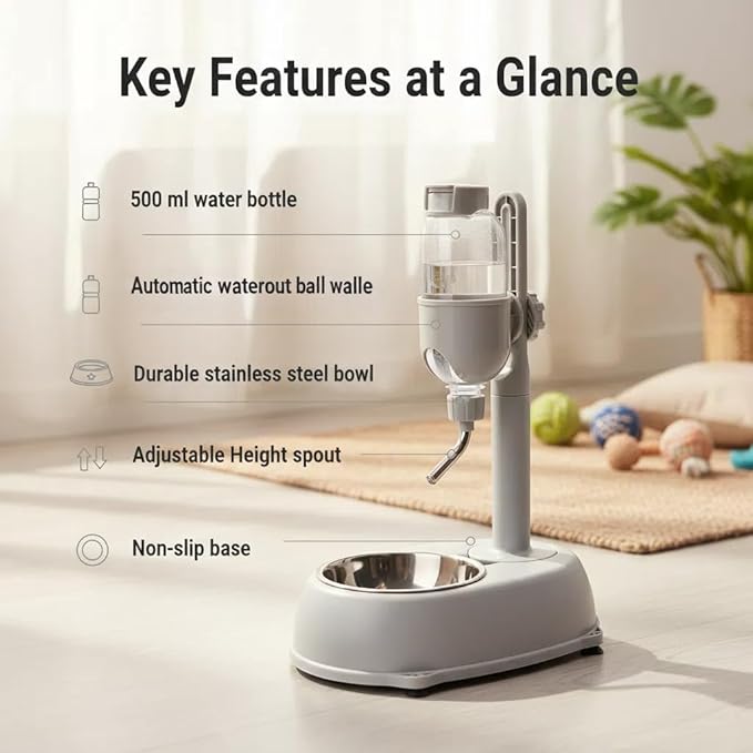 2 in 1 Large Dog Water Bowl Dispenser, 16.91oz PP and ABS Automatic Dog Water Dispenser, Adjustable Pet Standing Water Dispenser Bowl for Cats and Others, 11 x 7.7 x 15.4in