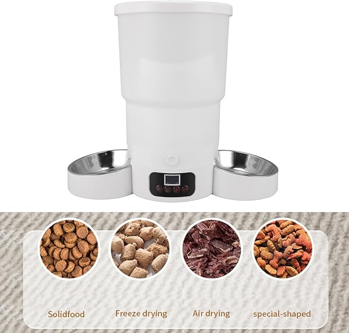 Automatic Pet Feeder, Intelligent Control 5L Double Bowl Stainless Steel Pet Feeder with Food Storage Bin USB Power Supply for Scheduling Suitable for Multiple Pets