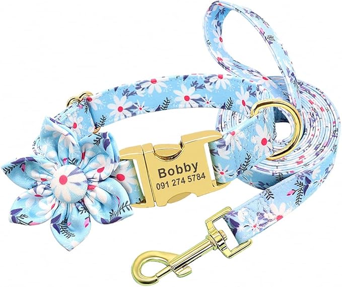 Flower Custom Dog Collar Leash Floral Printed Nylon Pet Dog Collars Lead Personalized Puppy Collars for Small Medium Large Dog 153 Blue Set L