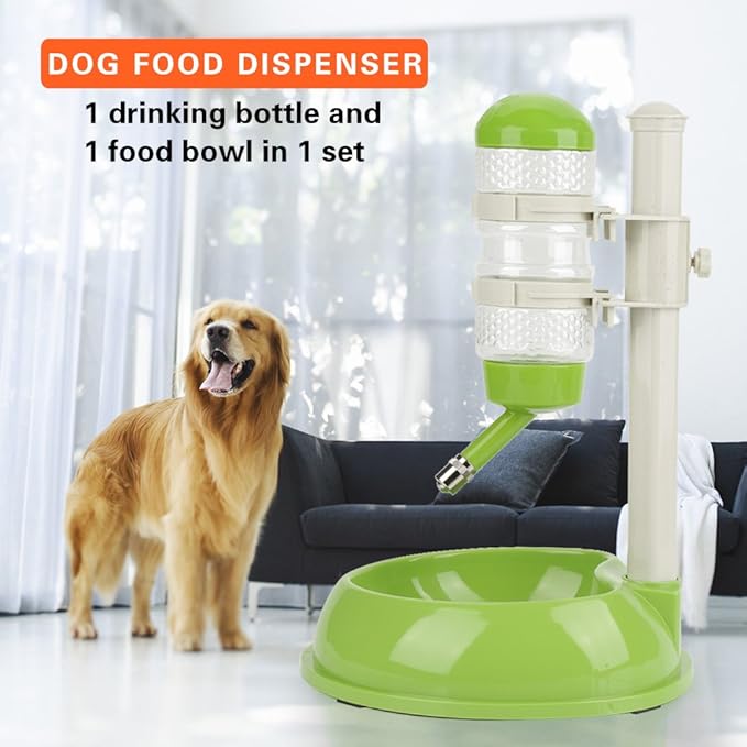 EVTSCAN Dog Food Dispenser, Adjustable Dog Bowl Food Dispenser Drinking Bowl Feeder for Pets Cats Dogs(Green)