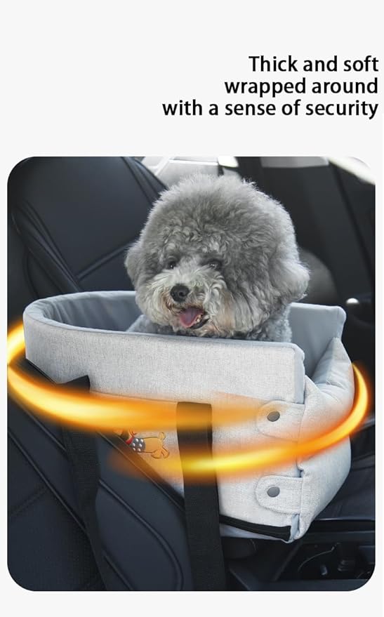 FurryGo Small Dog Car Seat for Travel, Elevated Pet Booster Seat with Safety Tether, Soft Washable Dog Bed for Under 20 lbs, Portable Cat Carrier for SUV/Truck, Grey (Khaki)