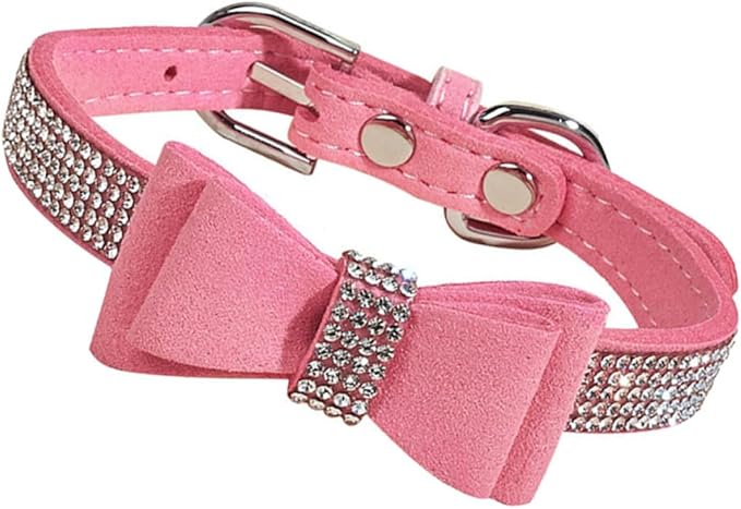 Luxshiny Adjustable Pink Rhinestone Pet Dog Collar with Bow Tie, 51x2.5cm Microfiber Large Dog Collar for Outdoor Training and Daily Use