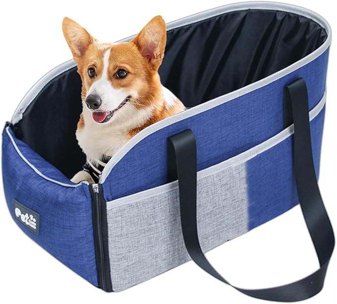Small Pet Travel Seat – Car Center Console Dog Carrier, Pet Car Bed with Safety Straps | Soft-Sided Carrier, Travel Bag for Small Dogs or Cats, Fits Front Console, Ideal for Commuting or Trips