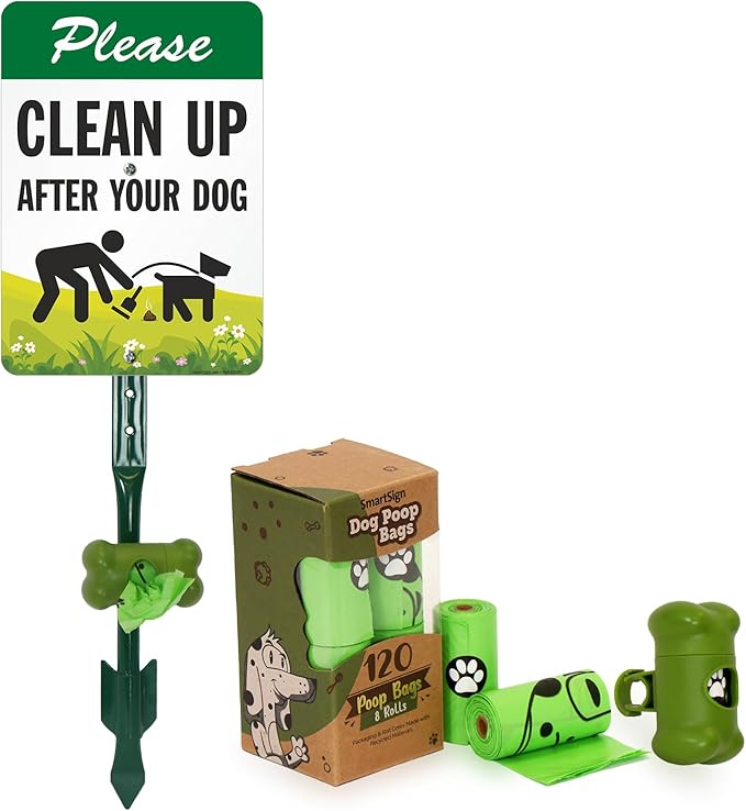 SmartSign Please Clean Up After Your Dog Yard Sign & Clip-On Preloaded Dispenser Combo/Kit with 135 Dog Poop Waste Bags, 7"x10" Rust-proof Aluminum Sign with 18-inch Steel Stake