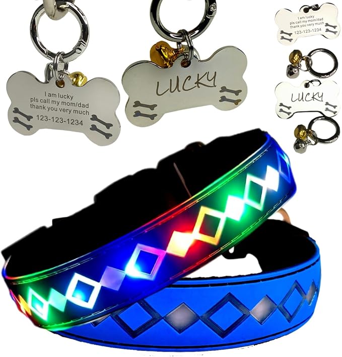 LED Dog Collar with ID Tag, 15 Light Modes, Waterproof Silicone, Night Safety (BLUE Pro, L(15.7-19.7"))