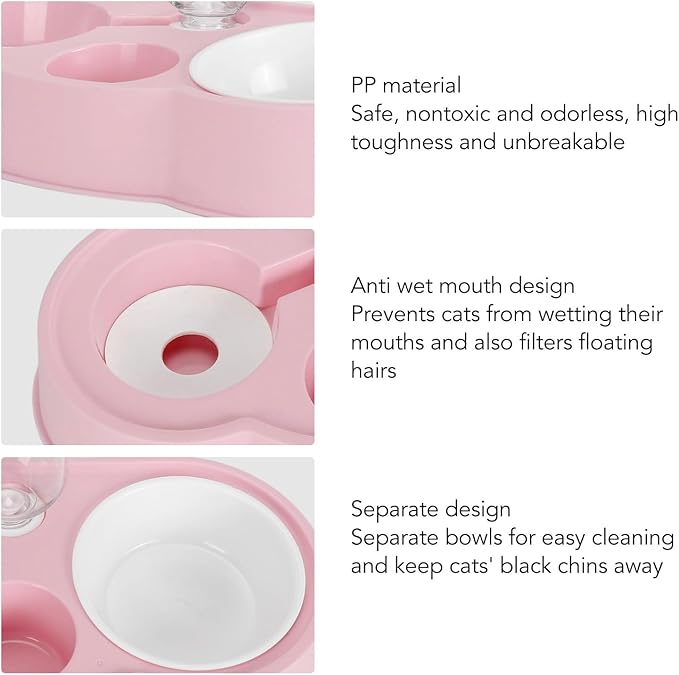 Pet Water and Food Bowl Set, Stable Prevent Slip Double Pet Bowls with Automatic Water Dispenser Bottle, Double Dog Cat Bowls Pet Feeding Bowls for Cats Small Dogs(Pink)