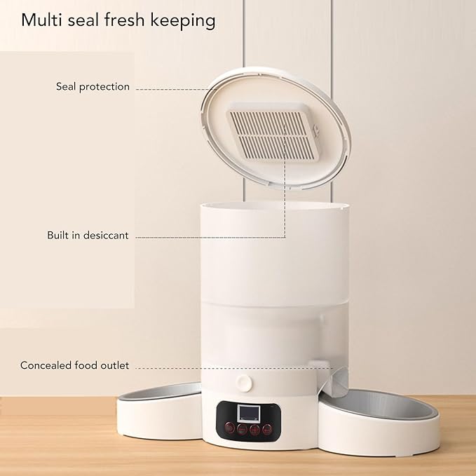 Automatic Cat Feeder, 3L Large Capacity Timed Cat Feeder with Stainless Steel Bowl, Pet Food Dispenser Dog Feeding Station Dry Food Dispenser Smart Pet Feeder for Cats Dogs (White)