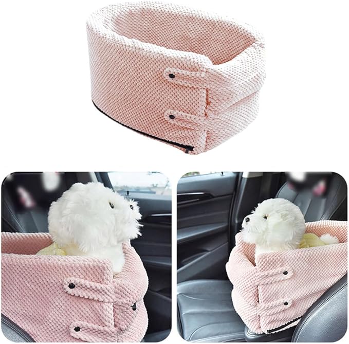Portable Center Console Dogs Cats Car Bed, Pet Booster Seat, Comfortable Pet Armrest Car Seat, Coral Velvet Travel Pet Console Seat - Pink
