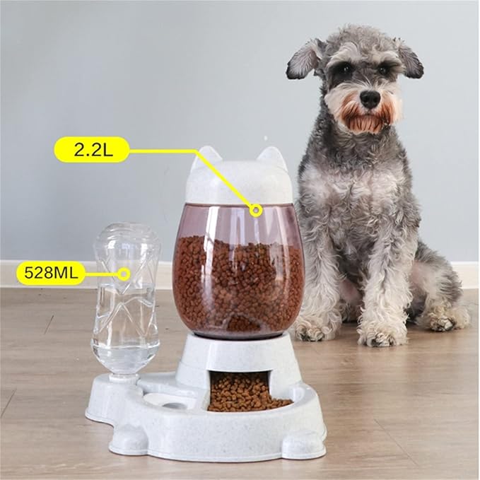 Automatic Cat Feeder Pet Dog Food Storage Bowl Water Dispenser Set Cute Automatical Dog Cat Feeder with Water Bottle, Water Dispenser Pet Water Food Dish for Cats,Puppy, Rabbit Grey Color