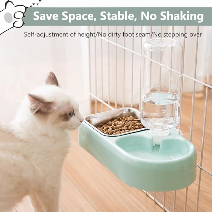 Hanging Dog Bowls, Cage Automatic Cat Food and Water Bowl Set with Water Dispenser and Stainless Steel Bowl, Detachable Gravity Pet Feeder and Waterer Set for Cats Dogs Puppy Rabbit (Blue)