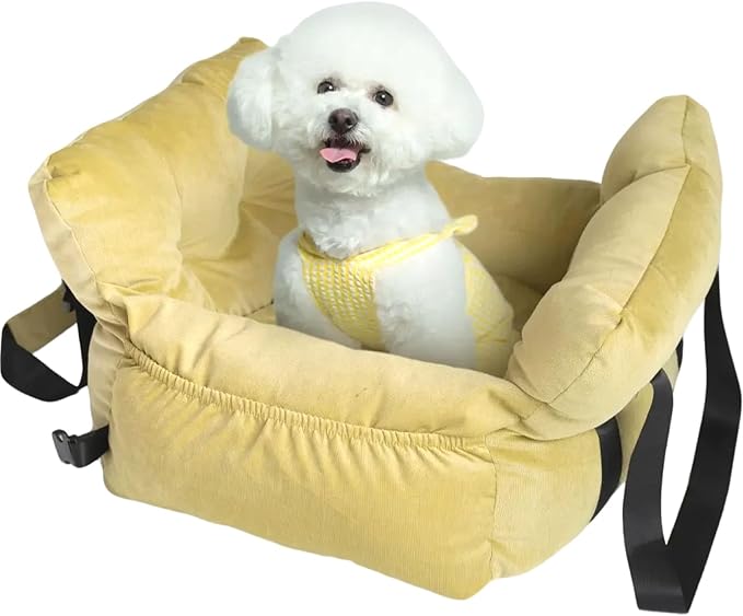 Pet Car Booster Seat, Soft Corduroy, Small Dog Cat Carrier with Safety Straps, Storage Pockets, 18x16x9 Inch, for Pets Under 25 lbs (Lemon Green)