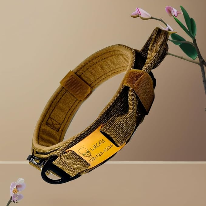 Personalized Tactical Dog Collar with Handle, Military Style, Adjustable (Khaki, XL(19.7-24.4"))
