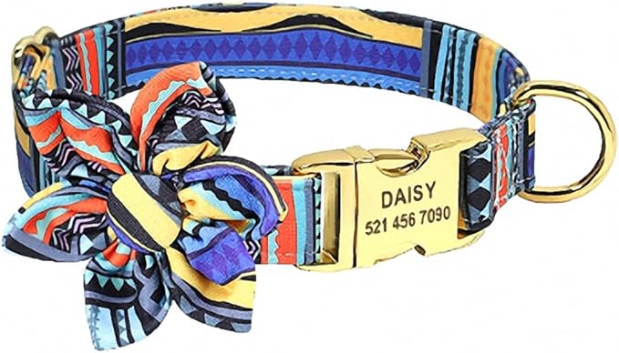 Custom Flower Dog Collar Nylon Floral Printed Pet Dog Collars Personalized Puppy Collar for Small Medium Large Dogs Cat Pitbull 152 Blue M