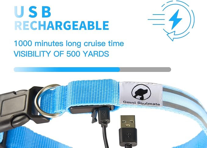 Third led Dog Collar,USB Rechargeable Light Up Dog Collars,3modes,Waterproof Dog Lights for Night Walking,Make Pet Visible and Safety for Night Walking，for Small Medium Large Dogs