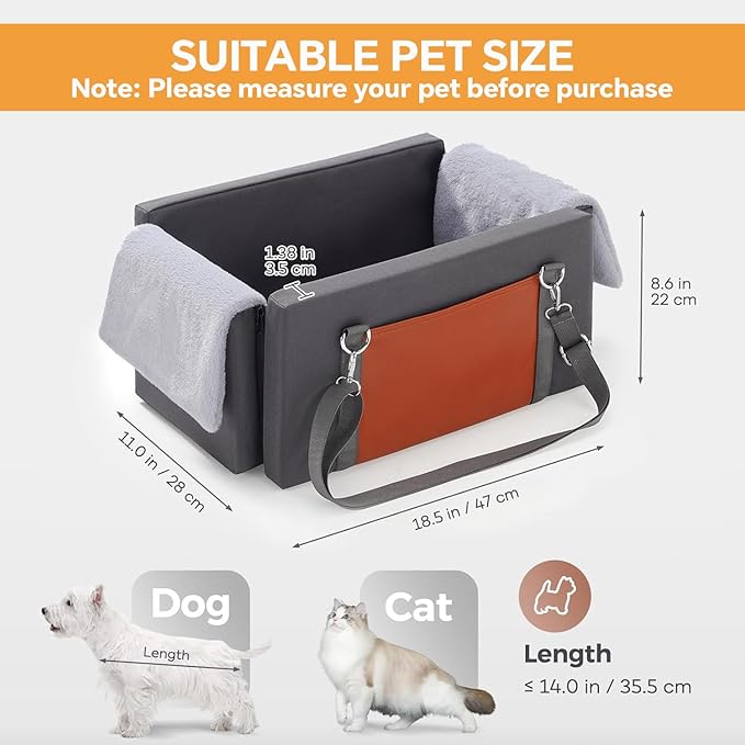Avont Center Console Dog Car Seat for Small Dogs & Cats, Booster Car Seat with Double Safety Straps, Soft Padded Armrest Travel Carrier with Storage Pockets, Calming Design -Dark Grey