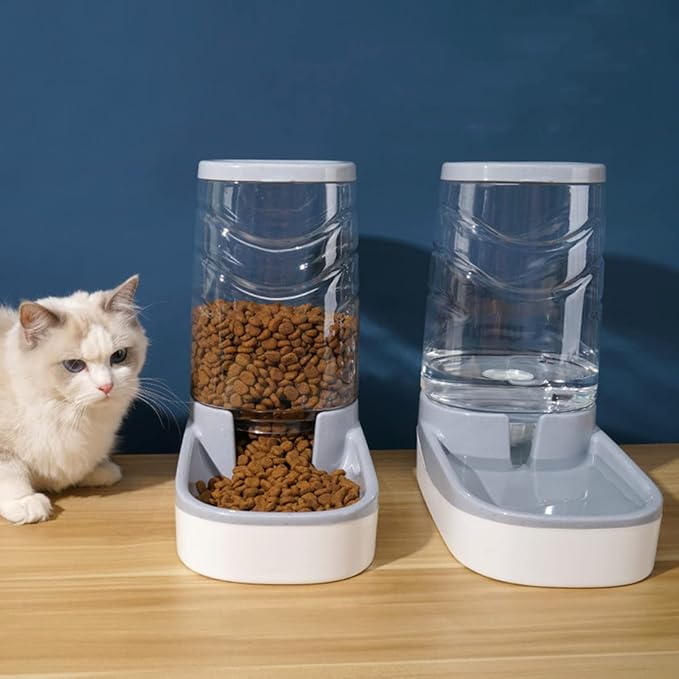 Automatic Cat Feeder Gravity Dog Feeder 1 Gallon Pet Feeder, Self-Dispensing Pet Feeder Bowl for Small and Medium Sized Pets Large Capacity (Grey)