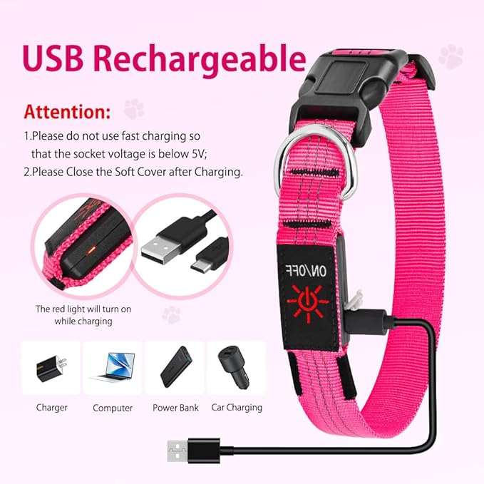 LED Dog Collar, Rechargeable Light Up Dog Collars, Reflective Safety Collar Light for Dogs Glow in The Dark (Pink, M)