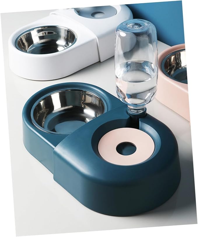 Automatic Pet Feeding and Drinking Bowl with Water Dispenser, Blue Plastic Food and Water Dish for Dogs and Cats, Spill-Proof Design for Home Use